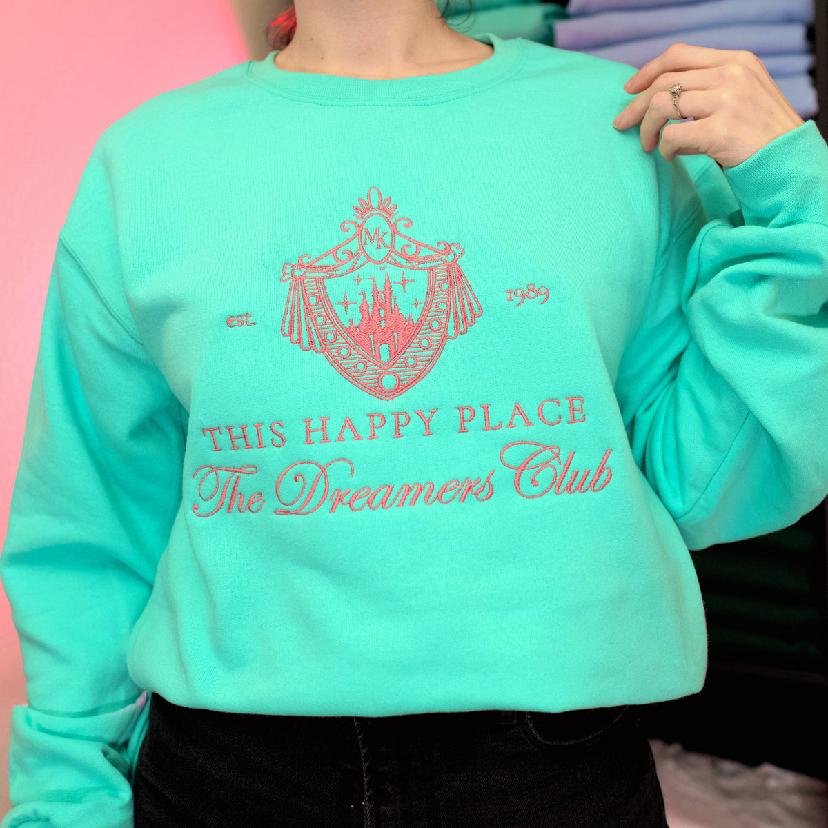 The Happy Place Embroidered Custom Crewneck and Comfort Tees