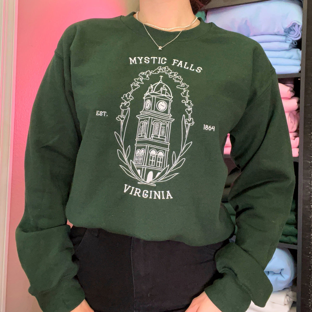 Mystic Falls Virginia Custom Embroidery Crewneck and Comfort Tees